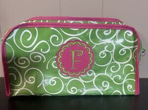 Monogram F Green Pink Swirl Cosmetic Makeup Bag Travel Organizer 10” 4”